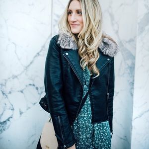 Faux leather jacket with removable fur collar